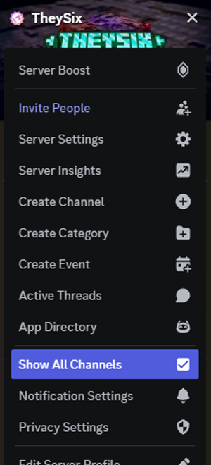 Discord server menu with Show All Channels enabled